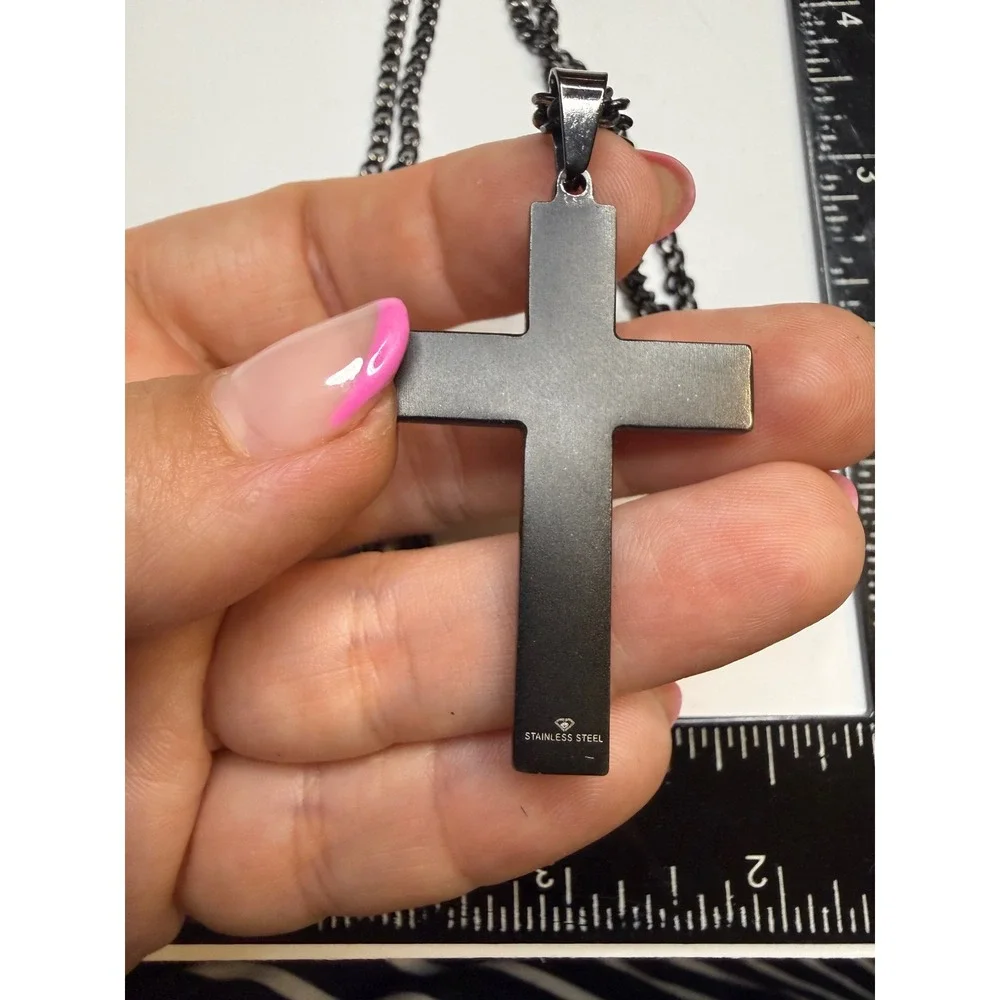 Mens Stainless Steel Two Tone Cross Pendant Necklace Black Silver Curb Chain 24